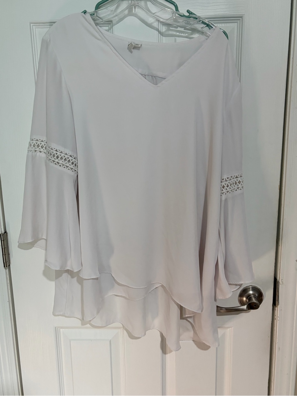 Women's Ivory V-Neck Layered Tunic with Lace-Trim Bell Sleeves